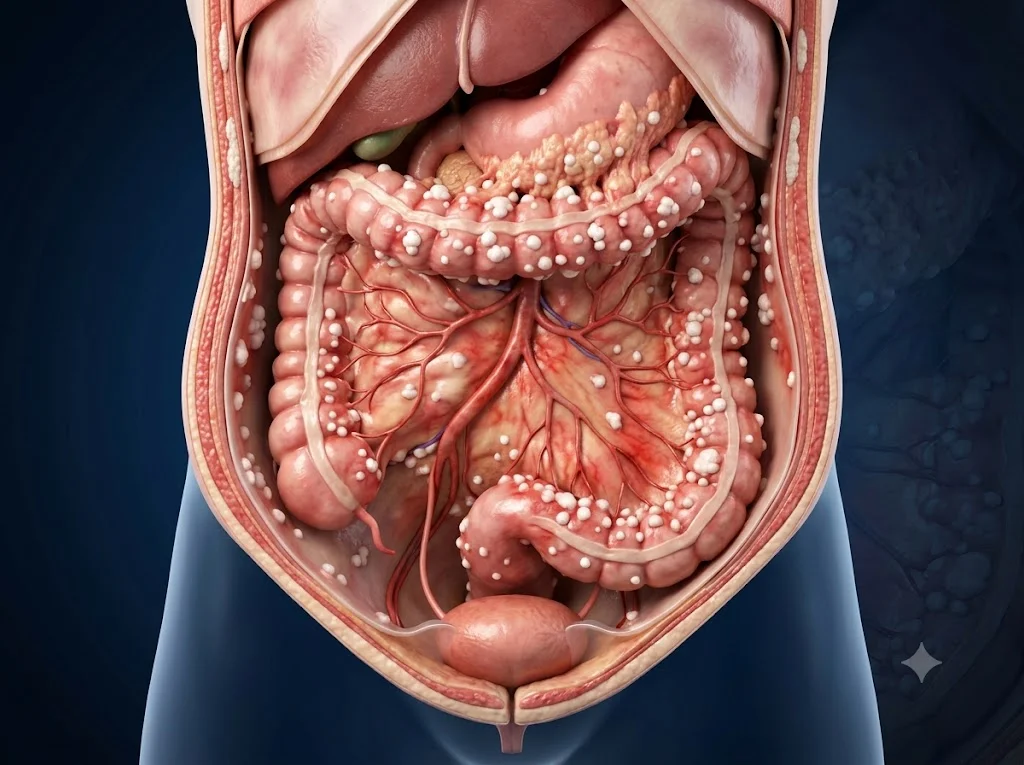 Ilustración médica sobre carcinomatosis peritoneal