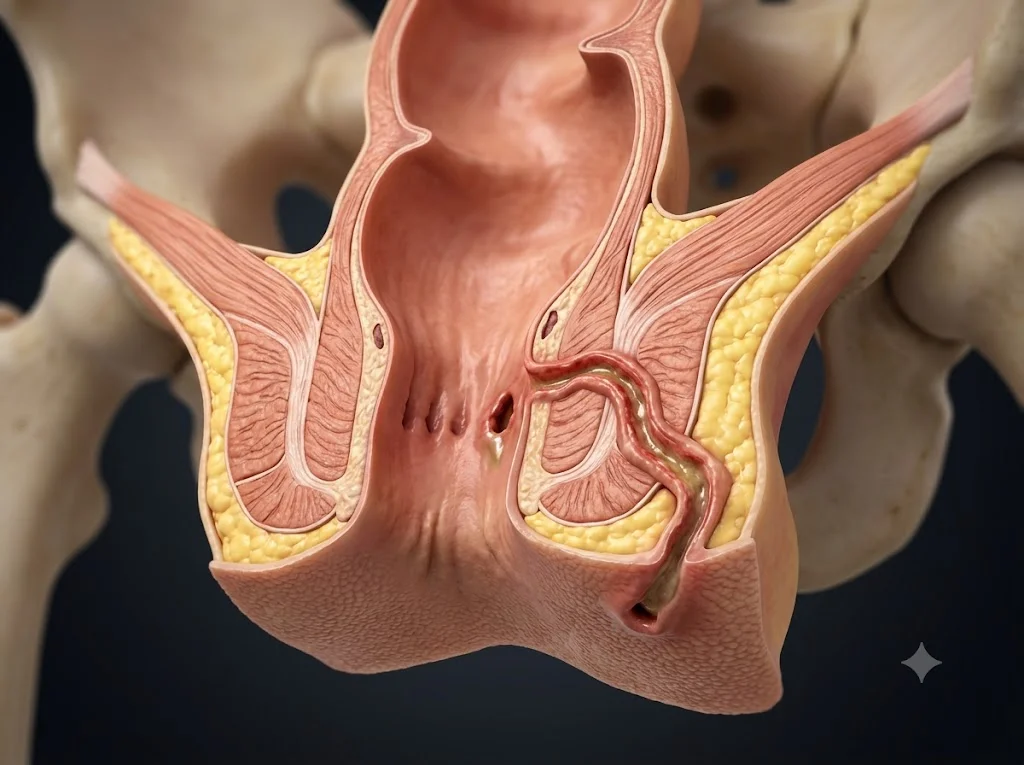 Ilustración médica sobre fístula anal