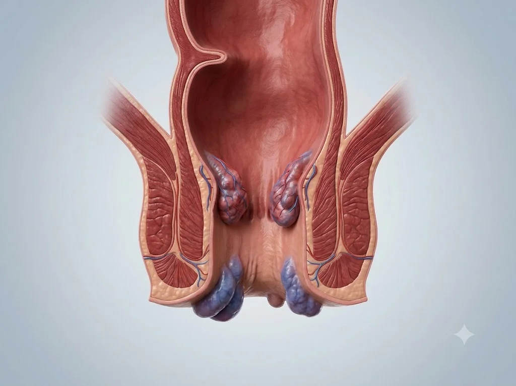 Ilustración médica de la zona anal para explicar la enfermedad hemorroidal